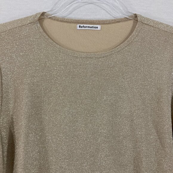 New Reformation Large Jupiter Metallic Sparkle Cream Tie Long Sleeve Crop Top - Picture 3 of 12